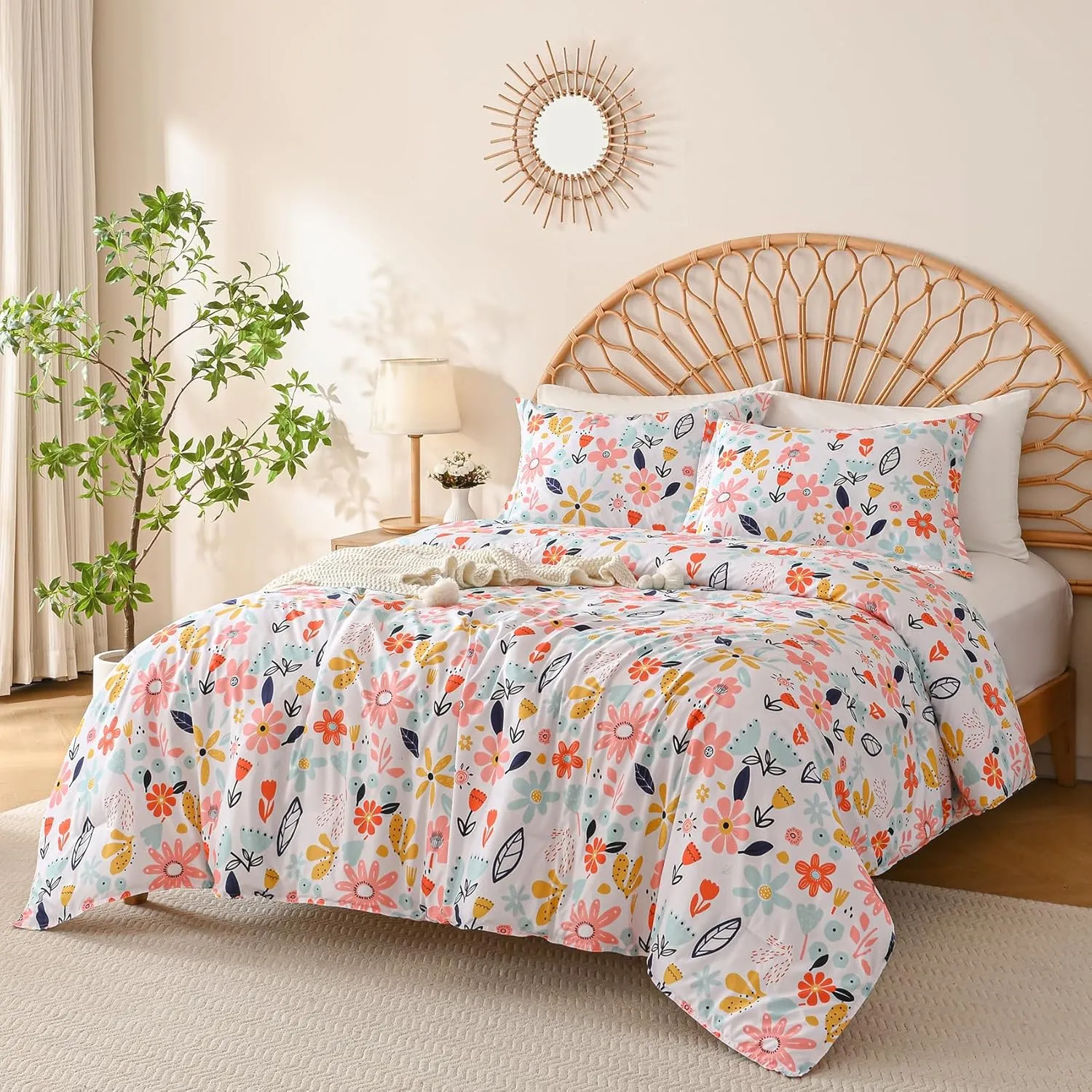 Yibeizi Floral Comforter Set for Girls Twin, Kids Cute Printed Bedding Set with Pillow Sham, Lightweight Soft Breathable Machine Washable Quilted Bed Comforter Set 2 Piece