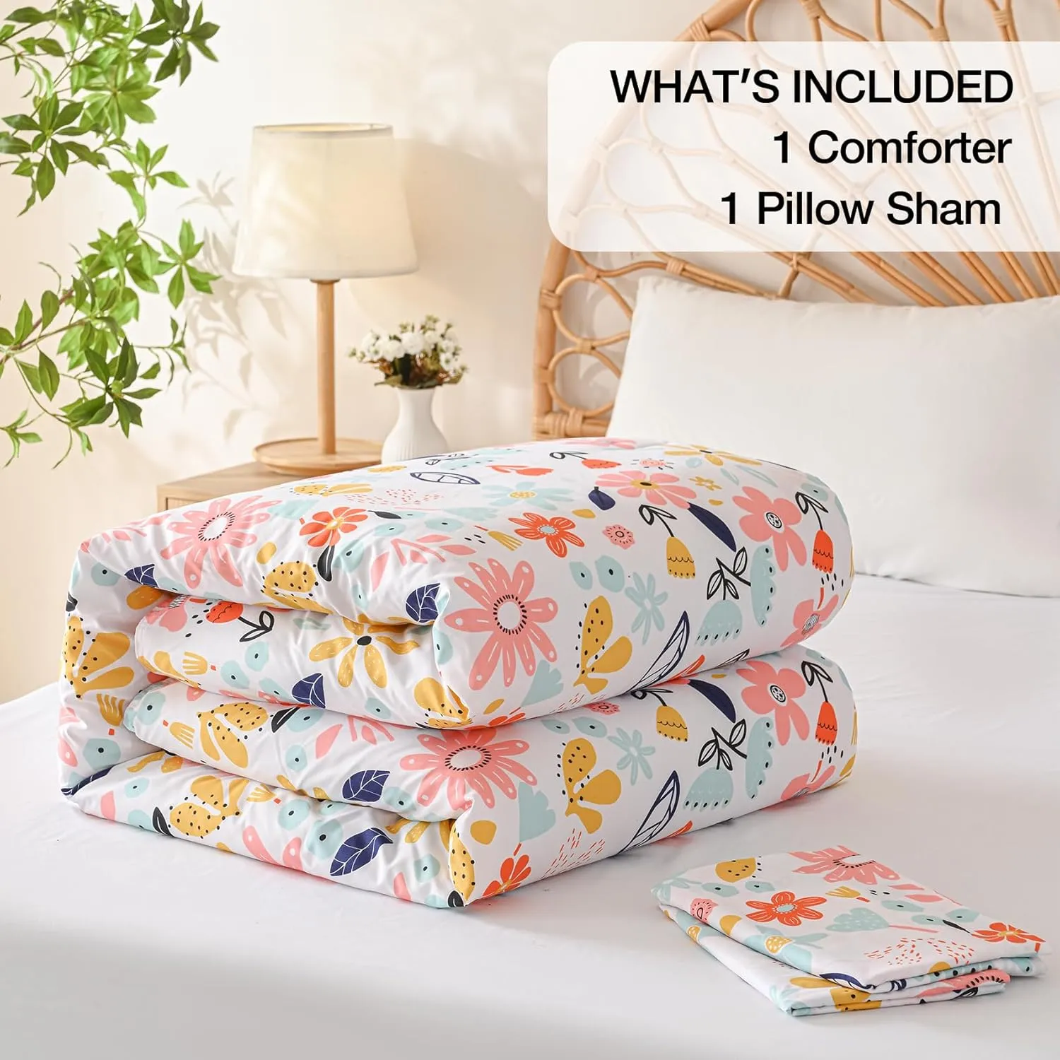 Yibeizi Floral Comforter Set for Girls Twin, Kids Cute Printed Bedding Set with Pillow Sham, Lightweight Soft Breathable Machine Washable Quilted Bed Comforter Set 2 Piece