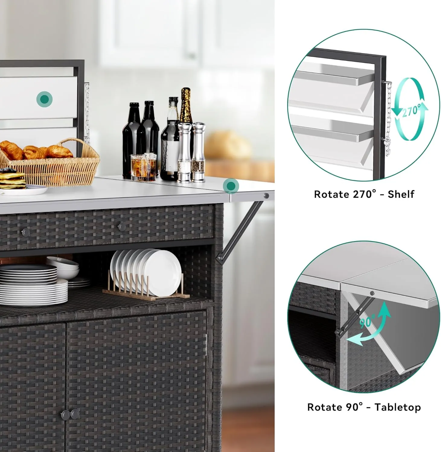 YITAHOME XL Outdoor Kitchen Wicker Island Rolling Cart & Storage Cabinet, Wheels and Stainless Steel Extended Table Top, Side Handle for Patio Kitchen or Bar Cart, Dark Brown