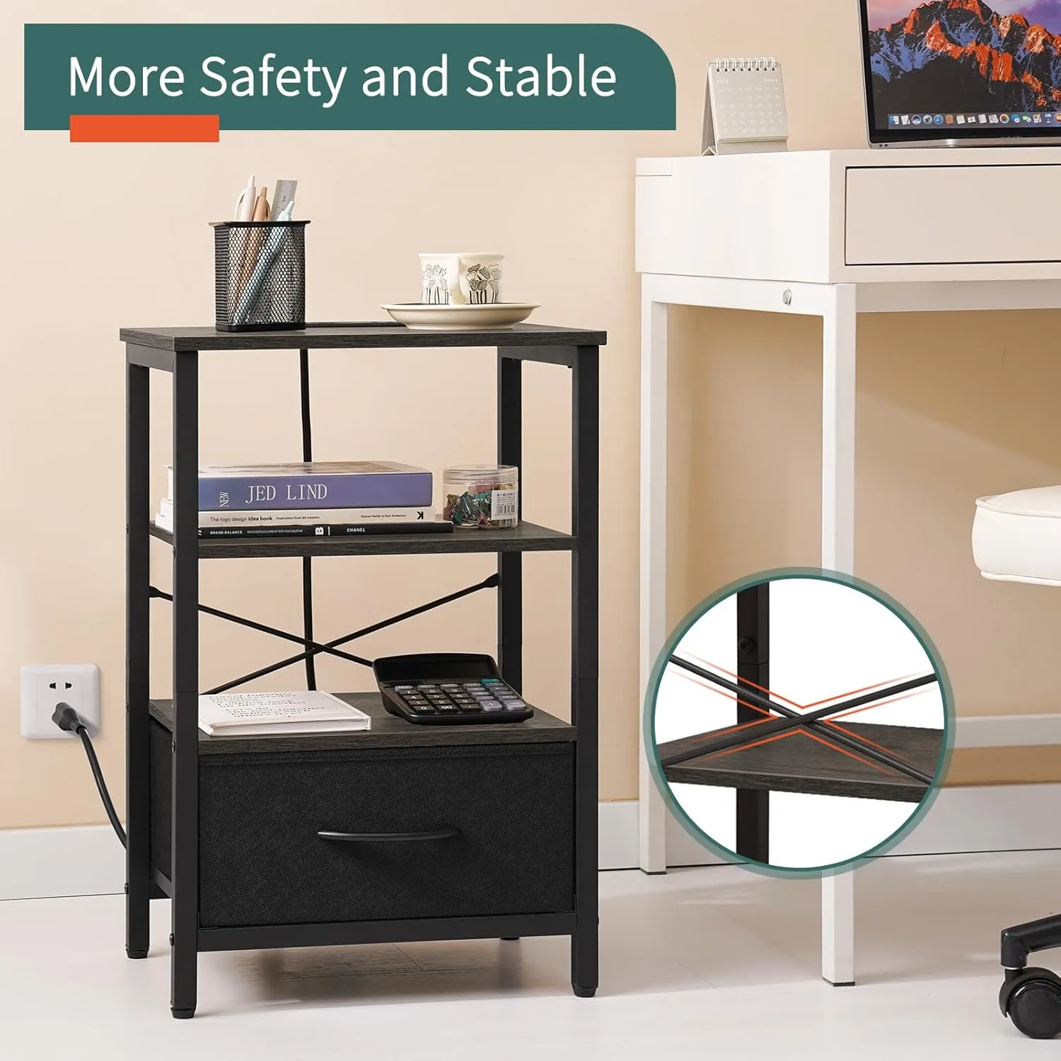Yoobure Night Stand with Charging Station, LED Nightstand for Bedroom, Bedside Table with Adjustable Fabric Drawer, 3-Tier End Table Living Room, Small Side Table with Storage, Grey