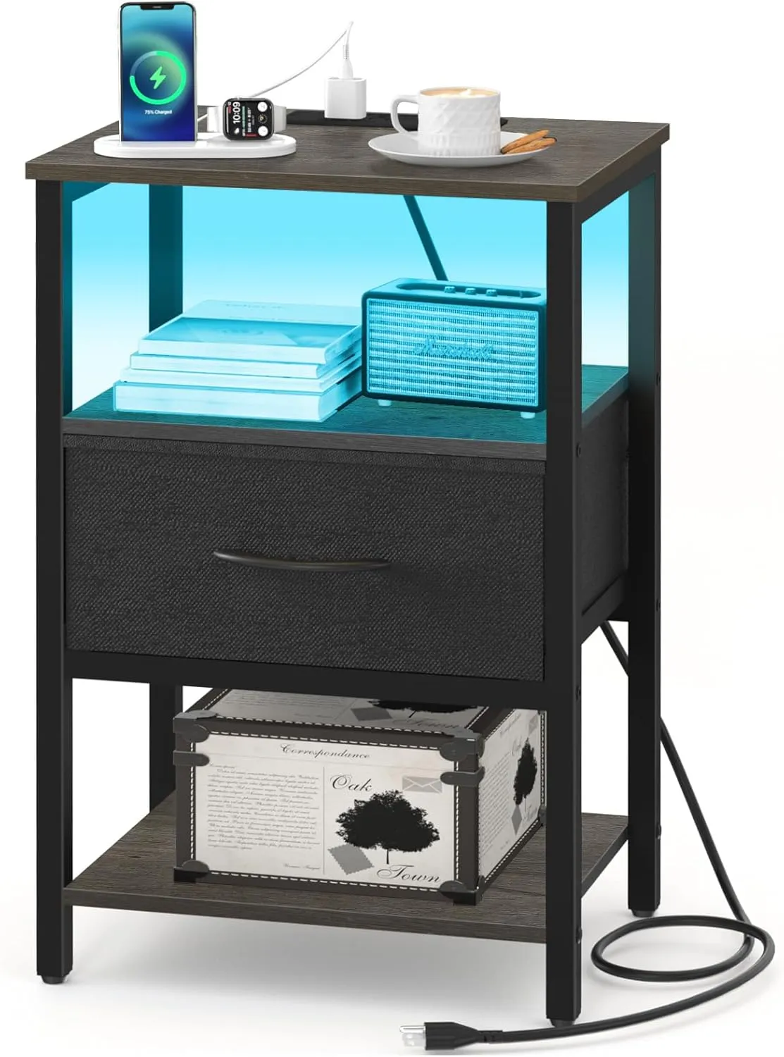 Yoobure Night Stand with Charging Station, LED Nightstand for Bedroom, Bedside Table with Adjustable Fabric Drawer, 3-Tier End Table Living Room, Small Side Table with Storage, Grey