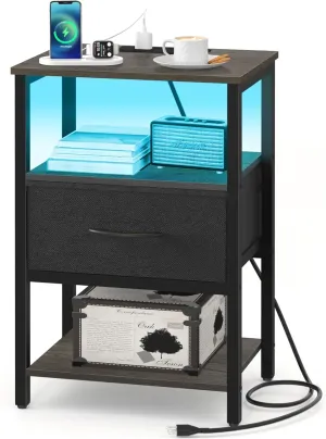 Yoobure Night Stand with Charging Station, LED Nightstand for Bedroom, Bedside Table with Adjustable Fabric Drawer, 3-Tier End Table Living Room, Small Side Table with Storage, Grey