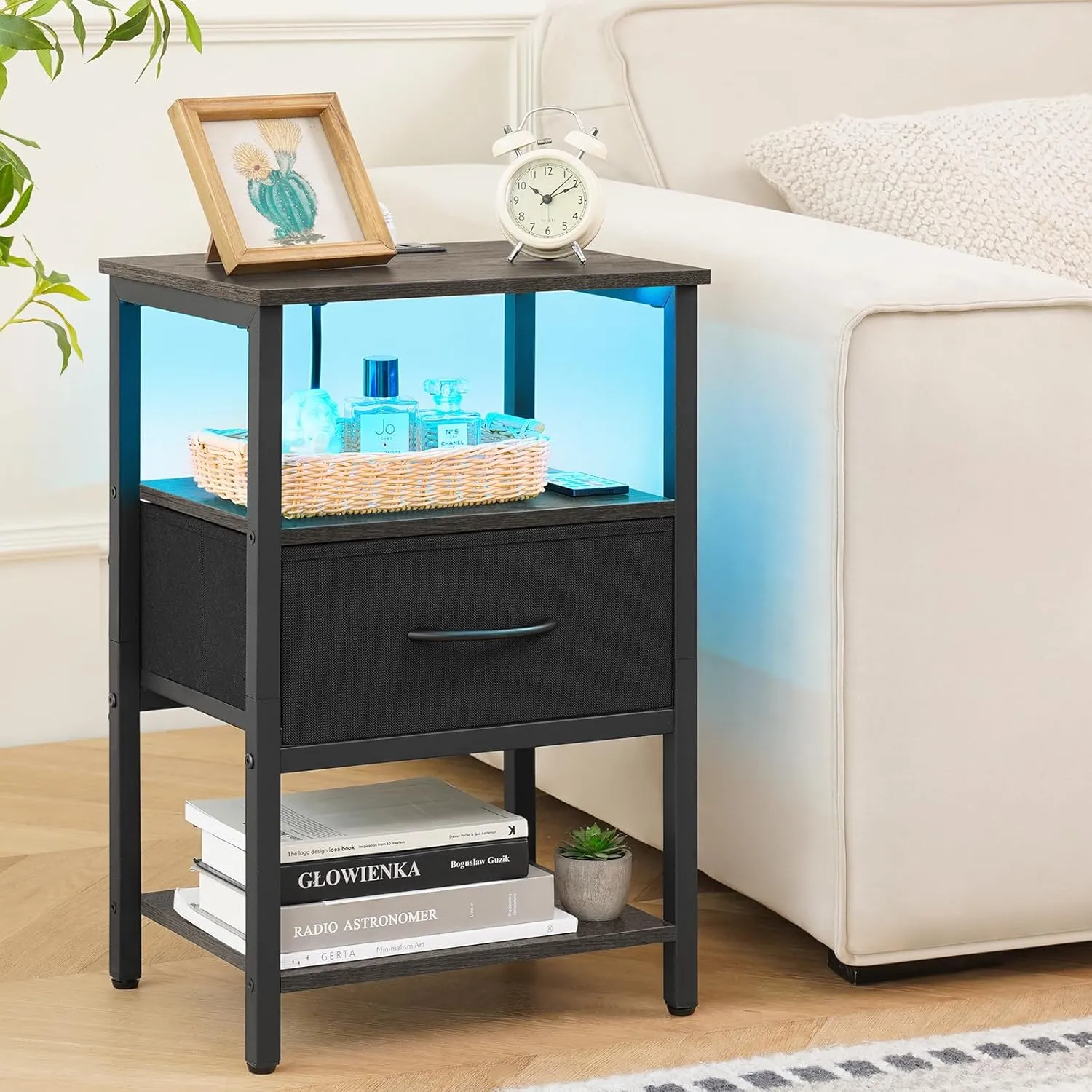 Yoobure Night Stand with Charging Station, LED Nightstand for Bedroom, Bedside Table with Adjustable Fabric Drawer, 3-Tier End Table Living Room, Small Side Table with Storage, Grey