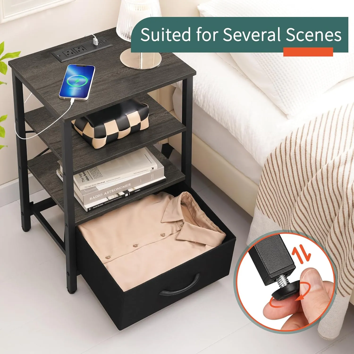 Yoobure Night Stand with Charging Station, LED Nightstand for Bedroom, Bedside Table with Adjustable Fabric Drawer, 3-Tier End Table Living Room, Small Side Table with Storage, Grey