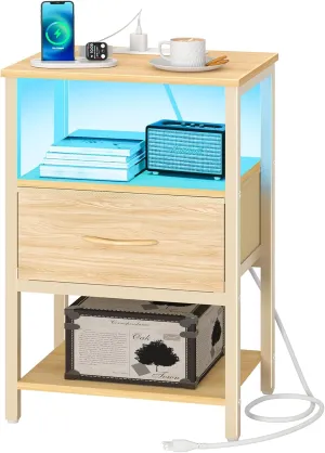 Yoobure Night Stand with Charging Station, LED Nightstand for Bedroom, Bedside Tables with Adjustable Fabric Drawer, 3-Tier End Table Living Room, Small Side Table with Storage, Natural Wood