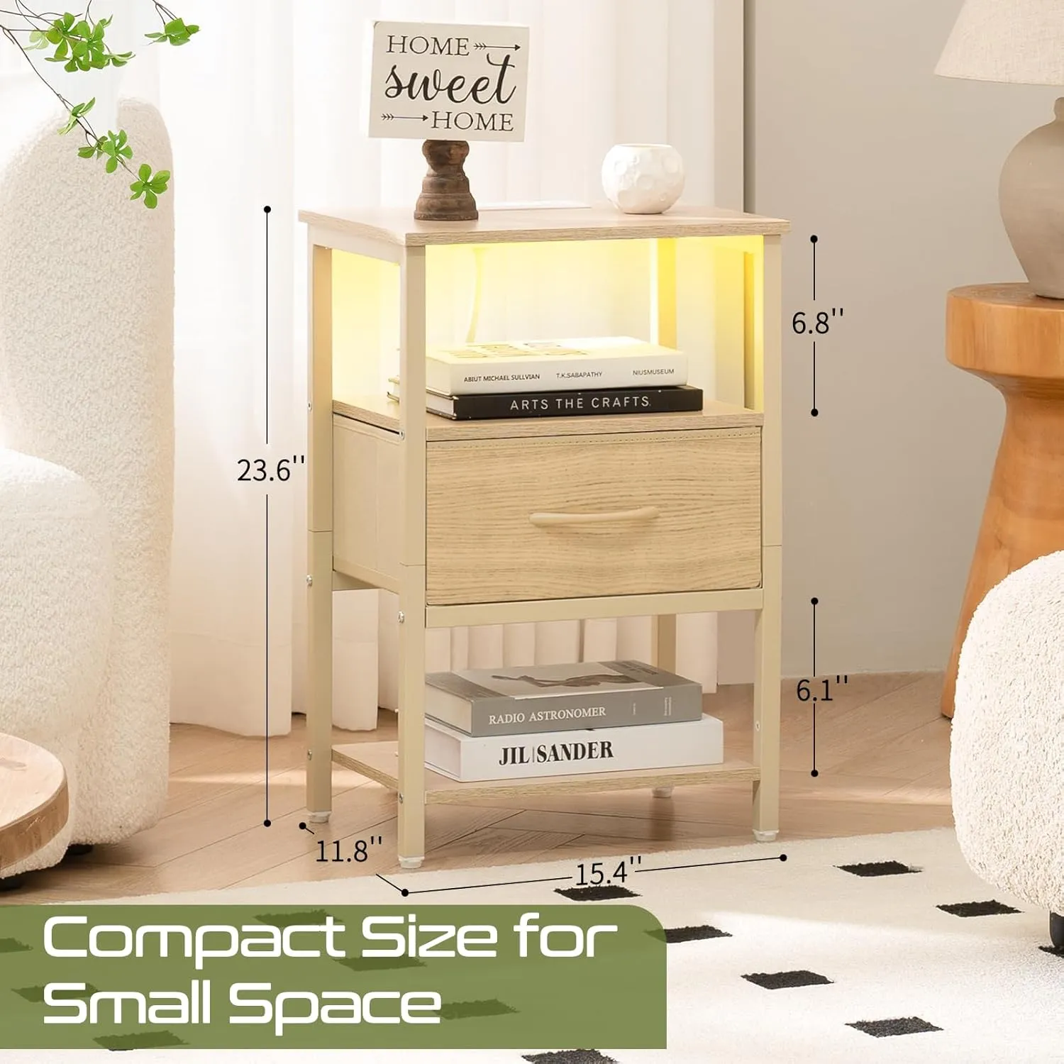 Yoobure Night Stand with Charging Station, LED Nightstand for Bedroom, Bedside Tables with Adjustable Fabric Drawer, 3-Tier End Table Living Room, Small Side Table with Storage, Natural Wood