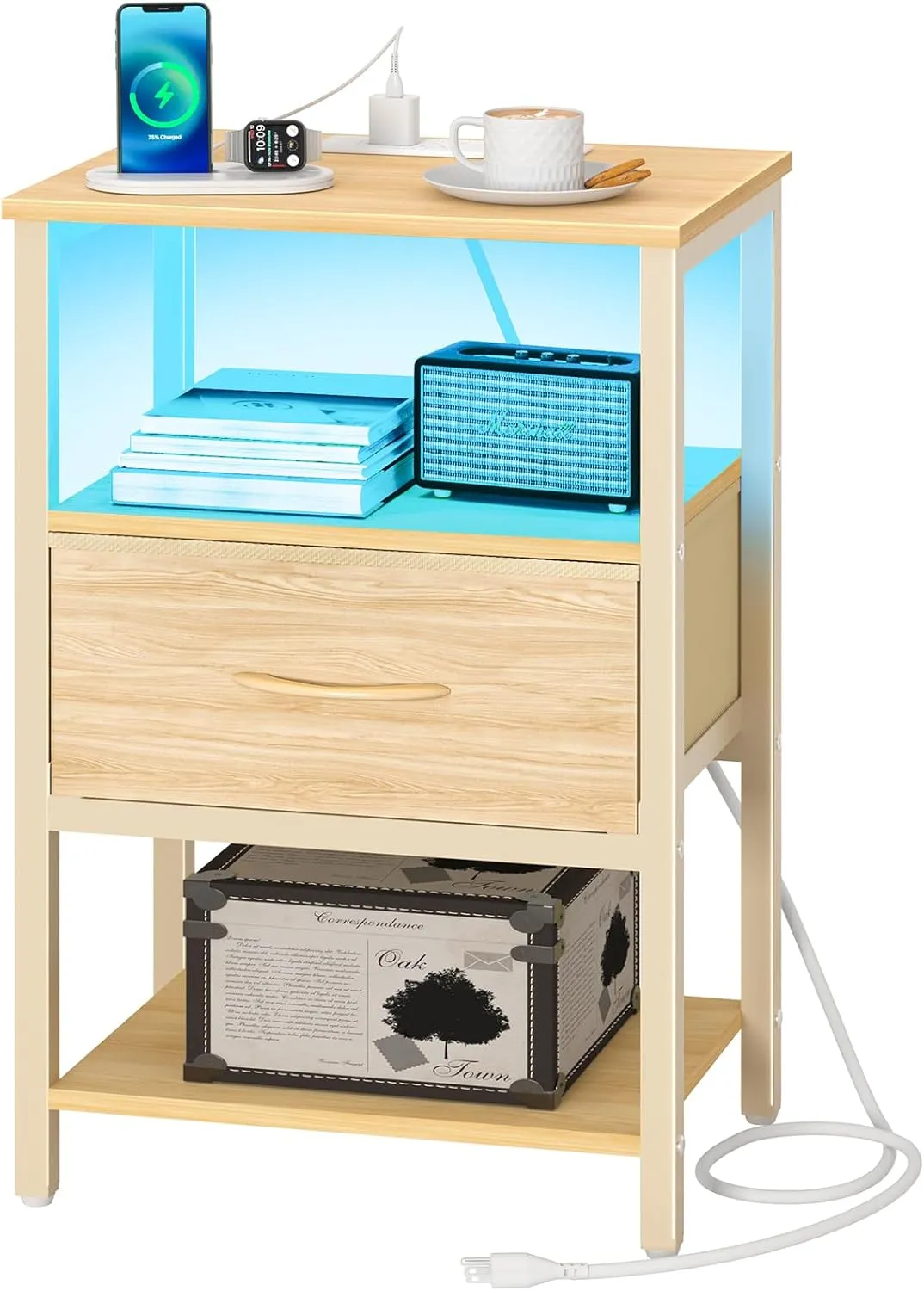 Yoobure Night Stand with Charging Station, LED Nightstand for Bedroom, Bedside Tables with Adjustable Fabric Drawer, 3-Tier End Table Living Room, Small Side Table with Storage, Natural Wood