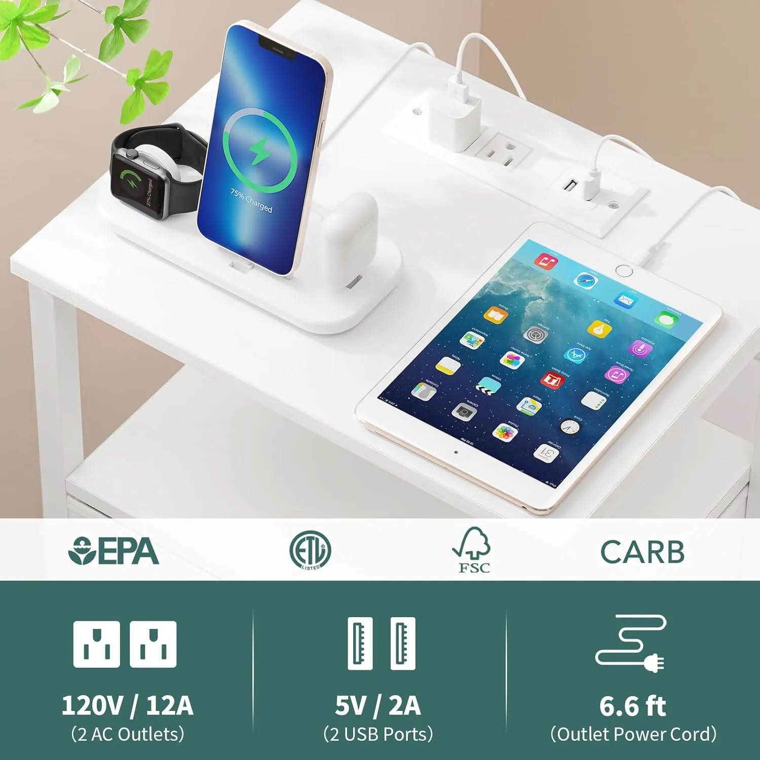 Yoobure White Night Stand with Charging Station, LED Nightstand for Bedroom, Bedside Tables with Adjustable Fabric Drawer, 3-Tier End Table Living Room, Small Side Table with Storage