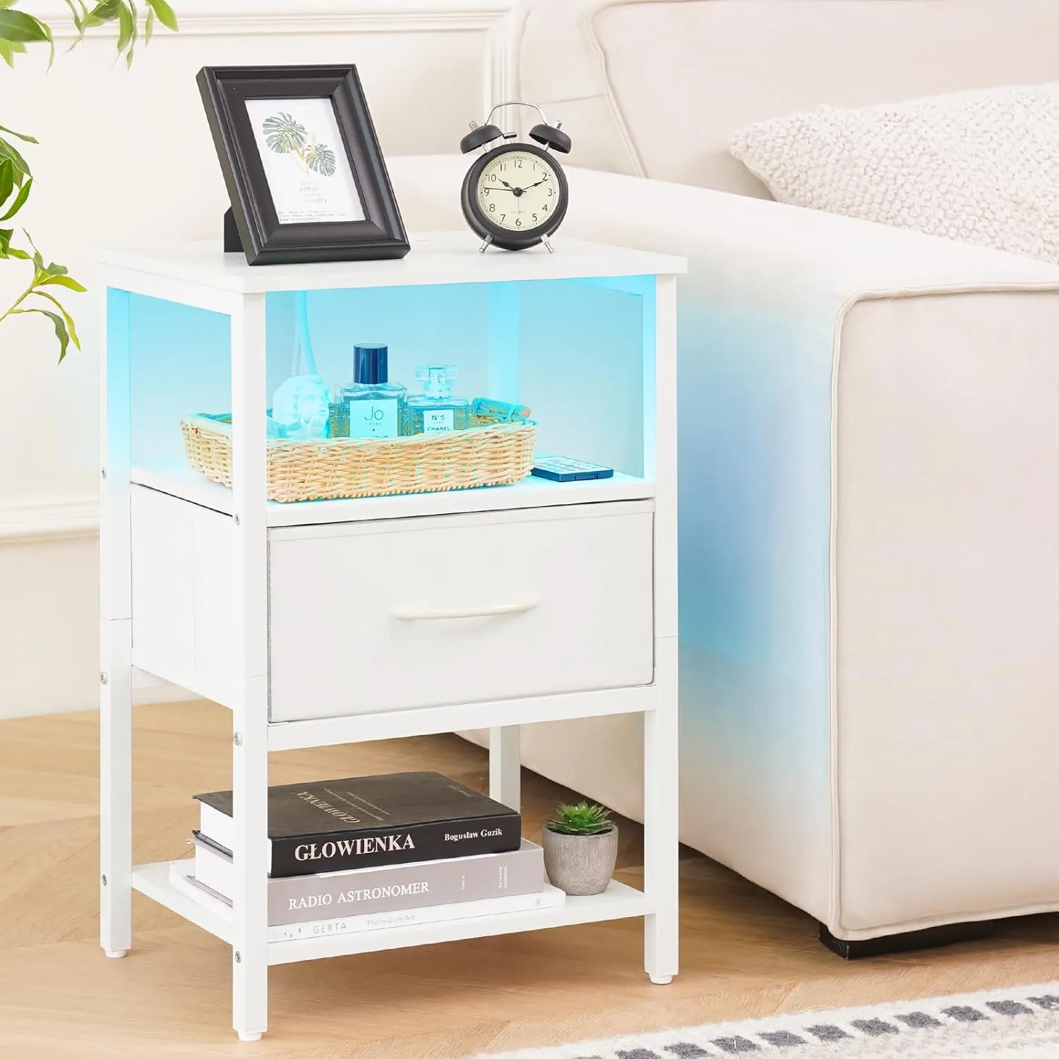 Yoobure White Night Stand with Charging Station, LED Nightstand for Bedroom, Bedside Tables with Adjustable Fabric Drawer, 3-Tier End Table Living Room, Small Side Table with Storage