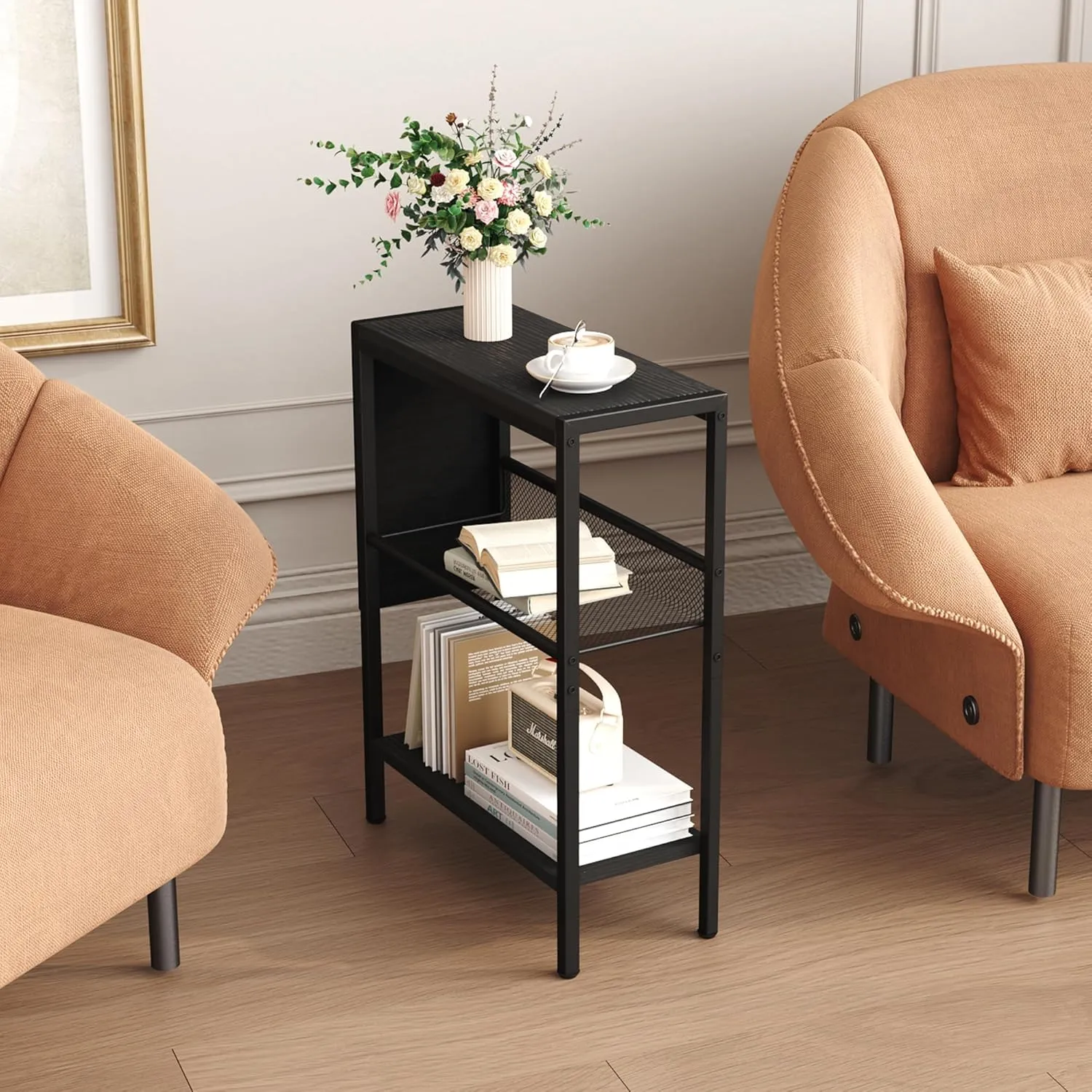 Yusong Small Narrow Side Table for Small Spaces, Slim End Table with Storage Bag, Sofa Snack Table with Adjustable Metal Mesh, 3 Tier Accent Skinny Beside Table for Living Room & Bedroom, Black Oak
