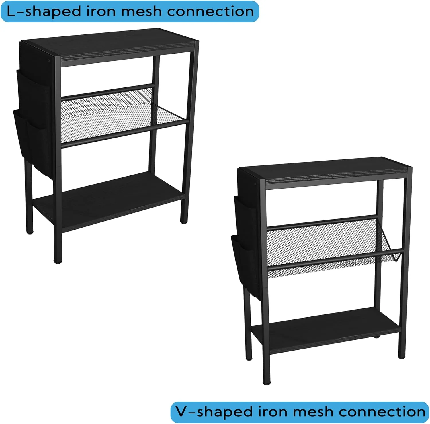 Yusong Small Narrow Side Table for Small Spaces, Slim End Table with Storage Bag, Sofa Snack Table with Adjustable Metal Mesh, 3 Tier Accent Skinny Beside Table for Living Room & Bedroom, Black Oak