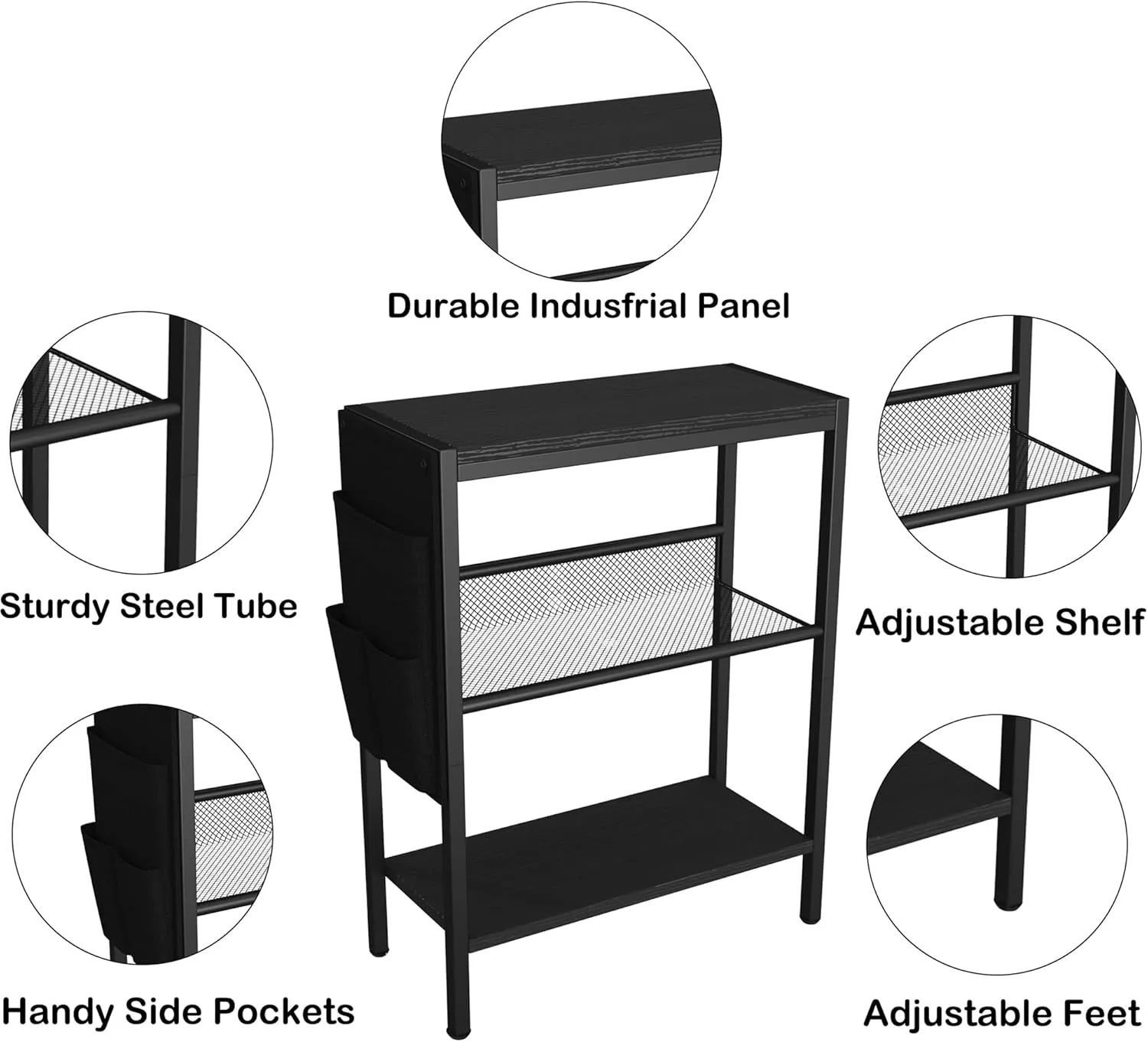 Yusong Small Narrow Side Table for Small Spaces, Slim End Table with Storage Bag, Sofa Snack Table with Adjustable Metal Mesh, 3 Tier Accent Skinny Beside Table for Living Room & Bedroom, Black Oak