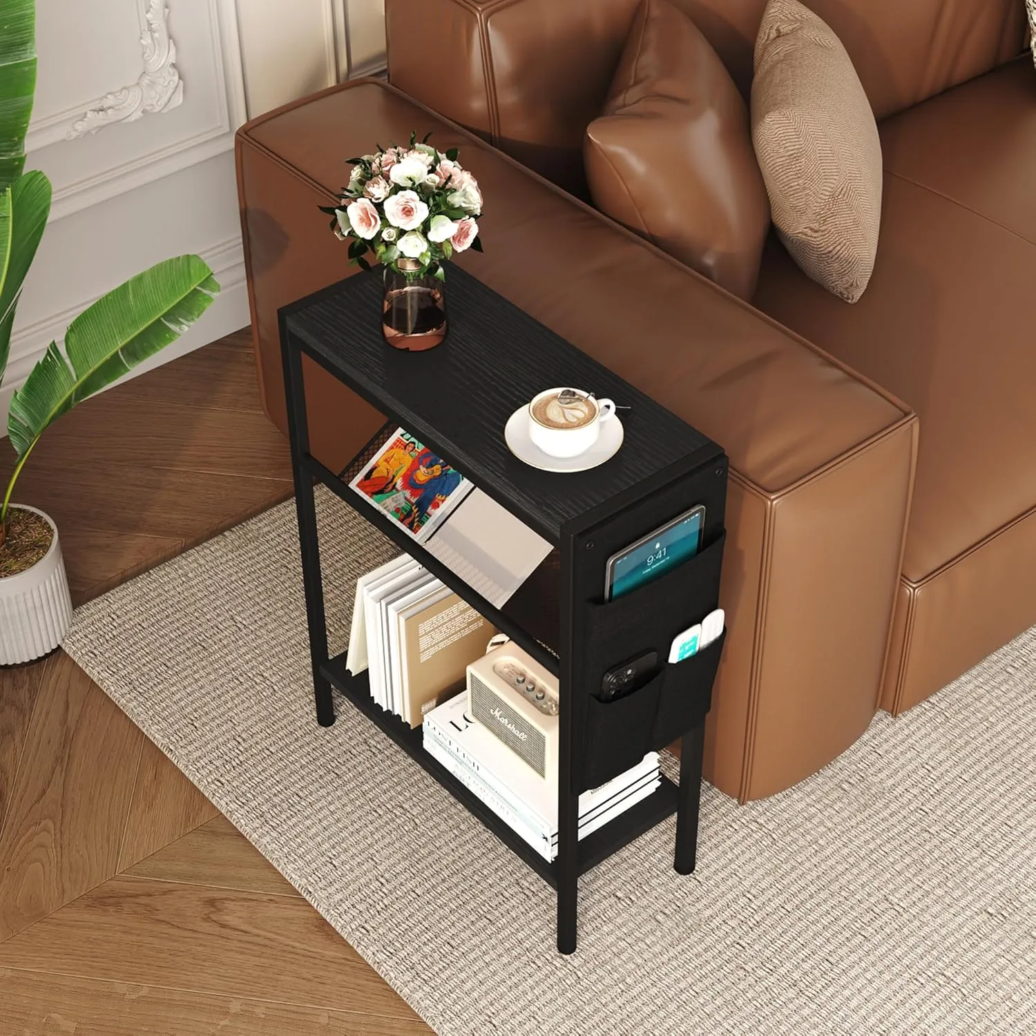 Yusong Small Narrow Side Table for Small Spaces, Slim End Table with Storage Bag, Sofa Snack Table with Adjustable Metal Mesh, 3 Tier Accent Skinny Beside Table for Living Room & Bedroom, Black Oak