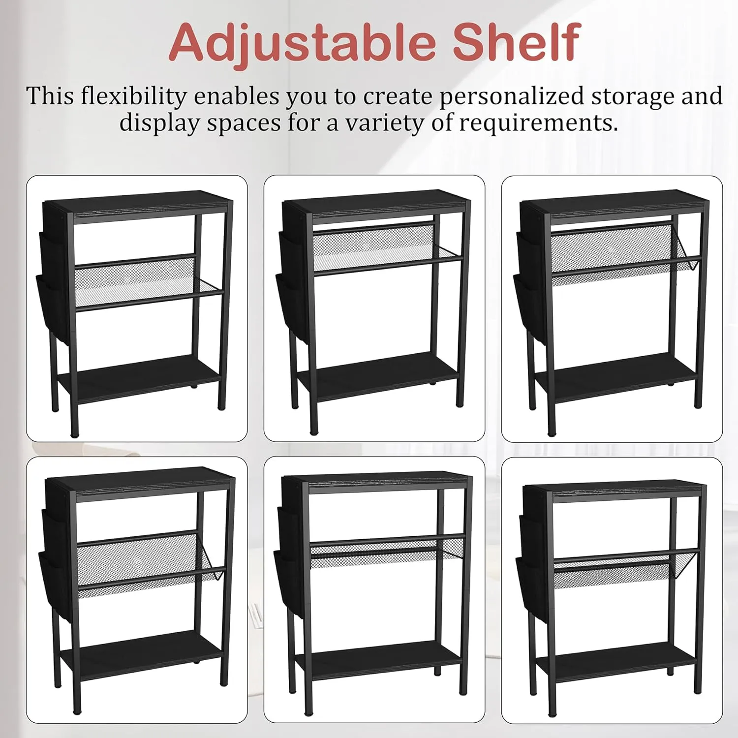 Yusong Small Narrow Side Table for Small Spaces, Slim End Table with Storage Bag, Sofa Snack Table with Adjustable Metal Mesh, 3 Tier Accent Skinny Beside Table for Living Room & Bedroom, Black Oak