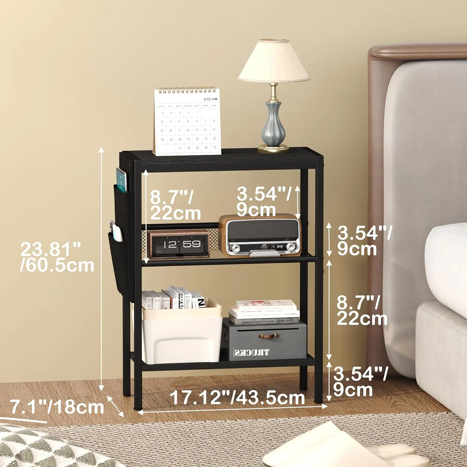 Yusong Small Narrow Side Table for Small Spaces, Slim End Table with Storage Bag, Sofa Snack Table with Adjustable Metal Mesh, 3 Tier Accent Skinny Beside Table for Living Room & Bedroom, Black Oak