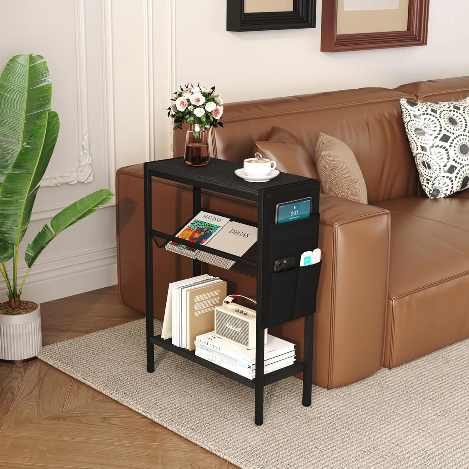 Yusong Small Narrow Side Table for Small Spaces, Slim End Table with Storage Bag, Sofa Snack Table with Adjustable Metal Mesh, 3 Tier Accent Skinny Beside Table for Living Room & Bedroom, Black Oak