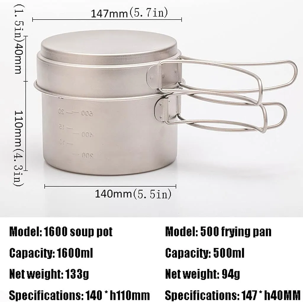 YYDS Outdoor Camping Camping Cookware Kit Lightweight Soup Pot Portable Frying Pan Pure Titanium Camping Cooker Set Outdoor Cookware Set Adventures Picnics (Size : 2100ml)