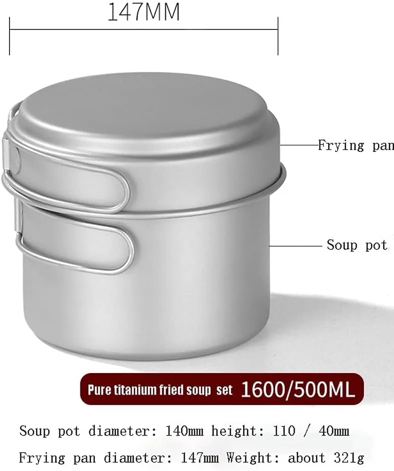 YYDS Outdoor Camping Camping Cookware Kit Pure Titanium Fried Soup Two-Piece Set Lightweight Pot Pan for Backpacking Camping Cooker Set Adventures Picnics (Size : 1600/500ML)