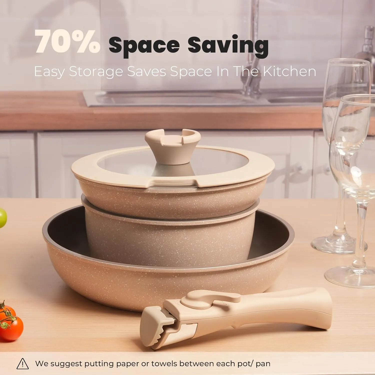 ZHANG XIAO QUAN SINCE 1628 Pots and Pans - 6PCS Aluminium Non Stick Cookware Set, Taupe, Oven Safe, PTFE/PFAS/PFOA Free, Detachable Handle