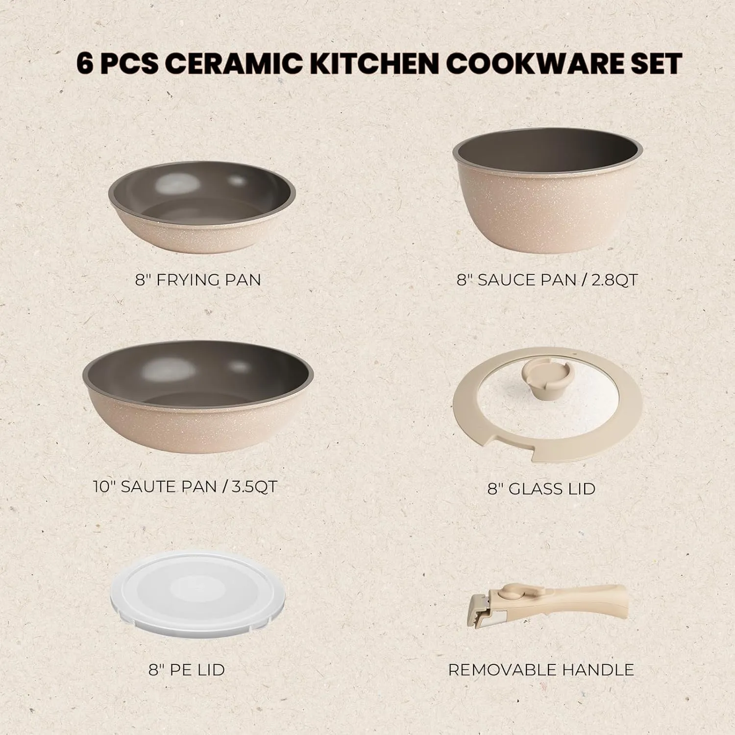 ZHANG XIAO QUAN SINCE 1628 Pots and Pans - 6PCS Aluminium Non Stick Cookware Set, Taupe, Oven Safe, PTFE/PFAS/PFOA Free, Detachable Handle
