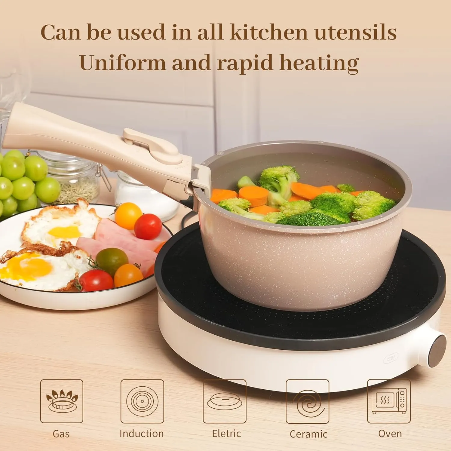 ZHANG XIAO QUAN SINCE 1628 Pots and Pans - 6PCS Aluminium Non Stick Cookware Set, Taupe, Oven Safe, PTFE/PFAS/PFOA Free, Detachable Handle