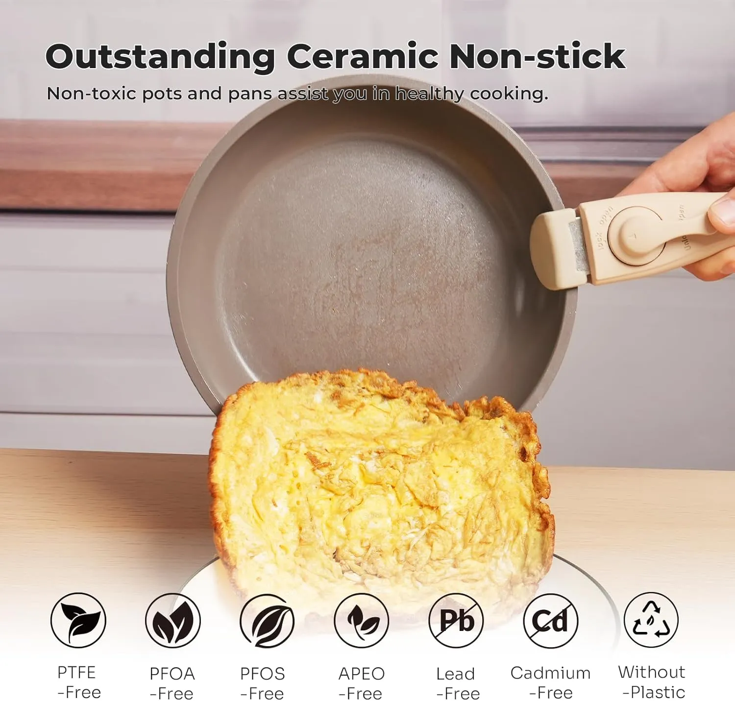 ZHANG XIAO QUAN SINCE 1628 Pots and Pans - 6PCS Aluminium Non Stick Cookware Set, Taupe, Oven Safe, PTFE/PFAS/PFOA Free, Detachable Handle